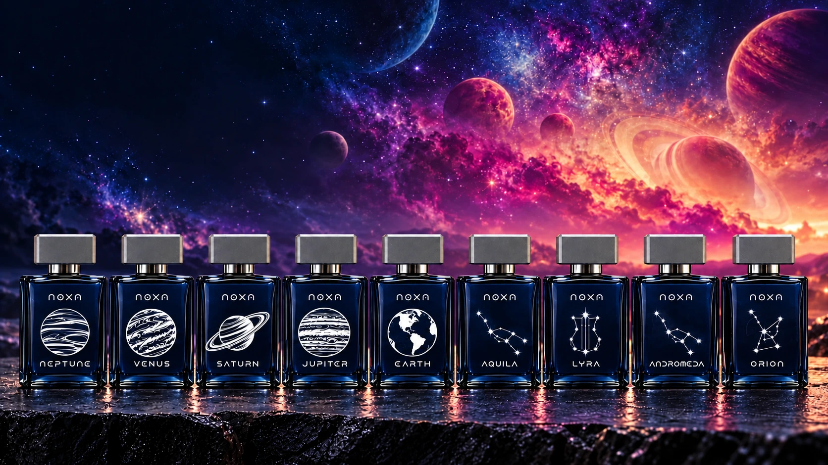 Visualisasi kampanye sembilan botol NOXA berlatar galaksi navy, violet, dan magenta